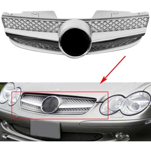 Car Front ABS Grille 1 Fin AMG-Style Mesh Grill For Mercedes-Benz R230 SL-Class SL500 SL550 SL600 2007 2008 2009 Silver w/ Logo
