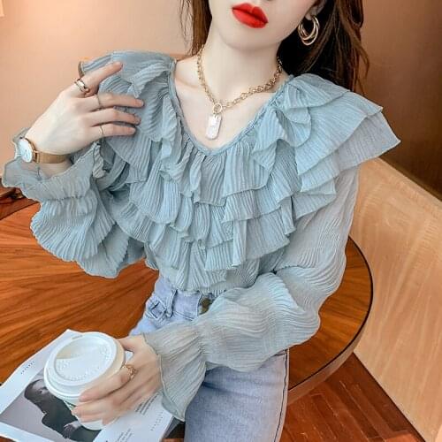 Chiffon Ruffles Shirt Tops Chic New French Temperament V-Neck Super Fairy Flounce Niche Brim Horn Sleeve Blouse Korean Women