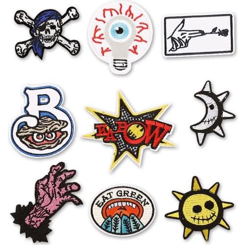 SUN MOON HAND Iron On Cartoon Cloth Patches Embroidered Badges Abstract Kids Patch For Clothes Stickers Skull