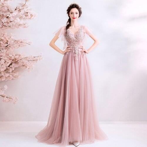 Evening Dresses Illusion V-Neck Short Pearls Embroidery Tulle Lace Luxury Pink Backless Elegant Women Formal Party Gown TS066
