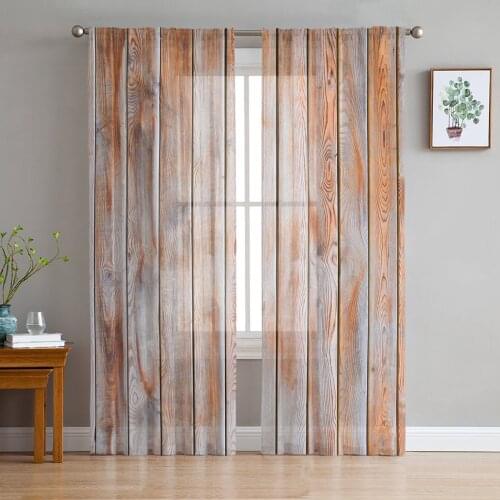Vintage Striped Wooden Board Sheer Curtains for Living Room Modern Voile Curtain Bedroom Tulle Curtains Window Drapes Decor