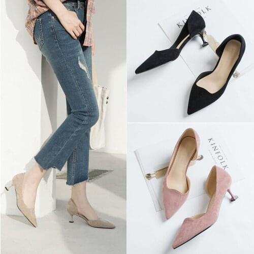 Women shoes 5cm High heels Flock Fine with Pointed Side air mid heel Kitten with Single shoes woman