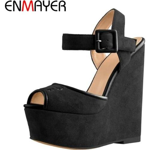 ENMAYER Casual Buckle Strap Flock 2020 Sexy Wedges Shoes for Women High Heels Sandals Women Basic Platform Women Shoes 34-43