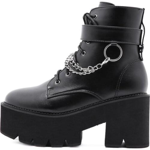 FANAN Black Gothic Boots for Women Chunky Heel Goth Platform Shoes with Chain Woman Lace-up Martin Ankle Motorcycle Booties