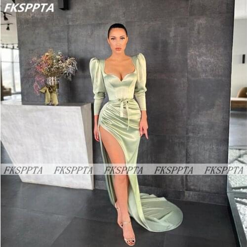 Elegant Long Sleeves Mint Green Prom Dresses Sweetheart High Slit Sexy 2021 Women Formal Prom Gowns Custom Made