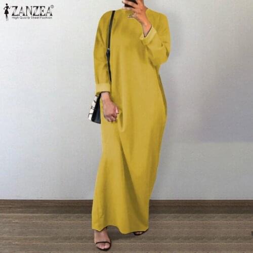 Women Summer Sundress ZANZEA Kaftan Muslim Solid Dress Long Sleeve Marocain Turkish Vestidos Loose Islam Clothing Robe Femme