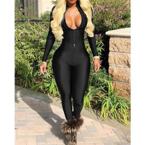 Women Sexy Solid Color Jumpsuit Long Sleeve Zipper Open Front High Turtleneck Skinny and Tight Bodycon Rompers