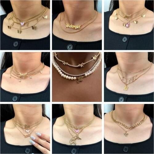 JUST FEEL Trendy New Angel Dragon Letter Butterfly Pendant Necklace Women Multi layer Golden Metal Chain Collar Necklace Jewelry
