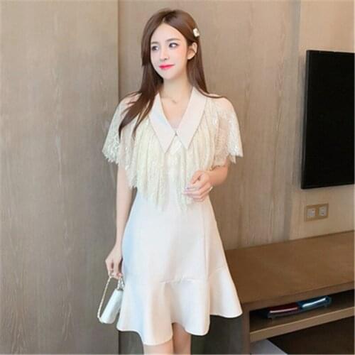 Mini dress real shot 2020 summer new sweet lady temperament v-neck lace ruffled waist short sleeve dress women