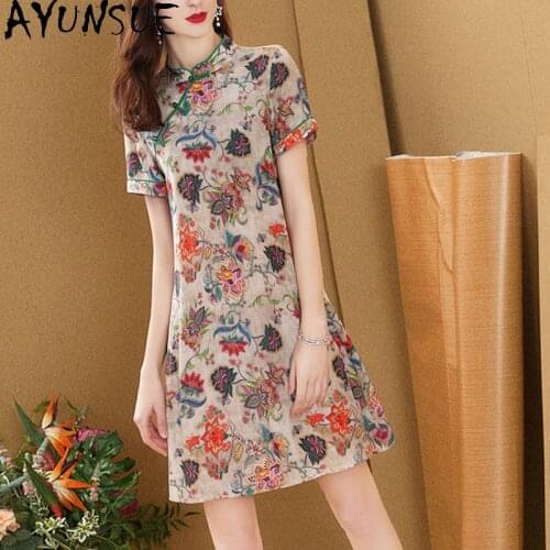 AYUNSUE Floral Woman Dress 2021 Spring Summer Silk Dress Female Elegant Vintage Dresses for Women Clothes Cheongsam KJ6591