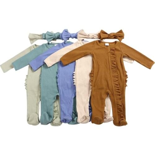 Kaiya Angel 2020 Baby Boys Girls Clothes Newborn Infant Jumpsuit +Headdress Zipper Ribbed Soft One-Piece Rompers 5pcs