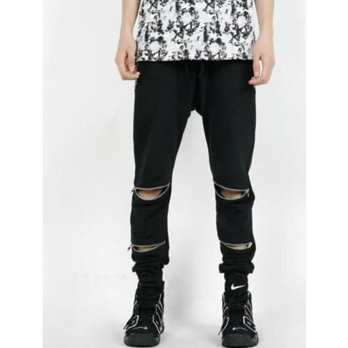 27-44 Spring Men Foot Pants Knitted Zipper Hole Personality Zipper Shut Pants Male Nightclub Skinny Pants Singer Costumes