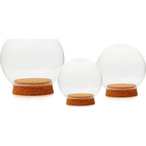 2xDia 12cm Glass Dome Jar Cloche Display Wood Cork DIY Fairy Garden Decor