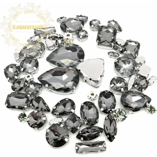 52pcs 23sizes 10shapes MIX Gray Size Crystal Glass Sew-on Rhinestones Silver Bottom DIY Womens Dresses and Shoes