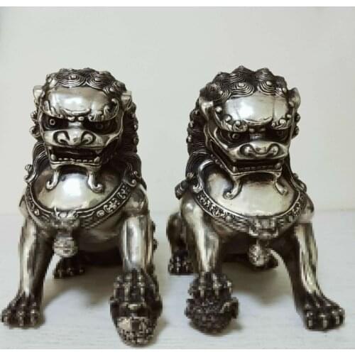 6.3inch Big Tibet silver Fu Foo Dog Guardian lion argent lucky Statue Pair