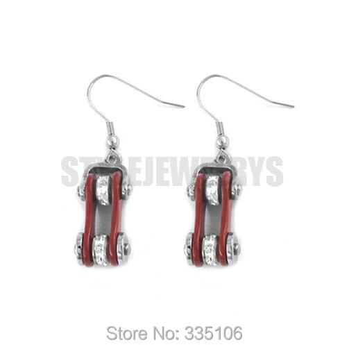 Free Shipping! Red Bicycle Chain Motor Earrings Stainless Steel Jewelry Bling Rhinestone Motorcycle Biker Earring SJE370121
