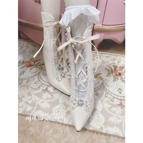 Vintage Lolita Boots Lace Up Stiletto High Heel 7cm Sweet Lady Loli Short Boot Female Palace French Princess Lolita Women Shoes