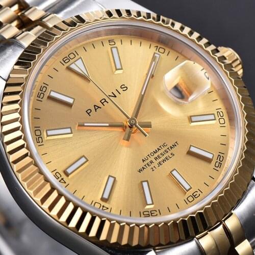Parnis Gold Dial Automatic Mechanical Watches Men Calendar Gold Bezel Mens Watch horloges mannen relogio automatico man clock
