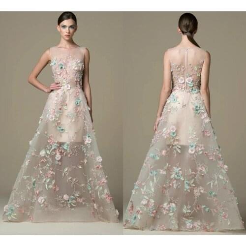 Cheap Evening Dresses Jewel Neck A Line 3D Floral Appliques Lace Cocktail Dress 2020 A Line Formal Prom Gowns Robes De Soirée