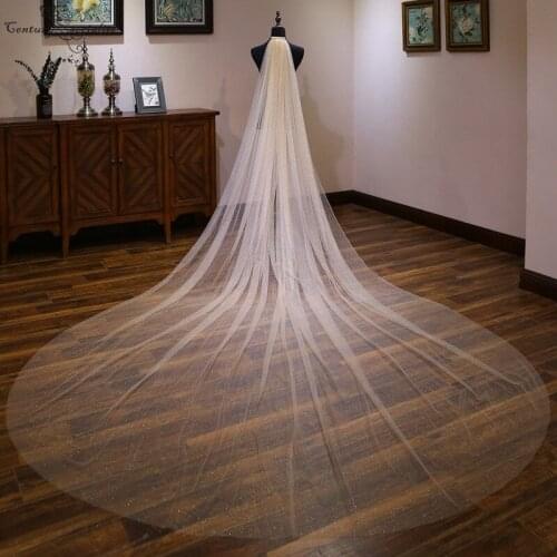 Sparkly Champagne Veils Bridal Cathedral 4 Meters Long Bridal Veils with Comb Wedding Accessories One Layer Velos De Noiva