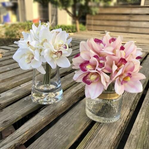 6 Heads Real Touch Cymbidium Short Shoot Table Decoration Flower DIY Wedding Bride Hand Bouquet Home Decor Artificial Orchid