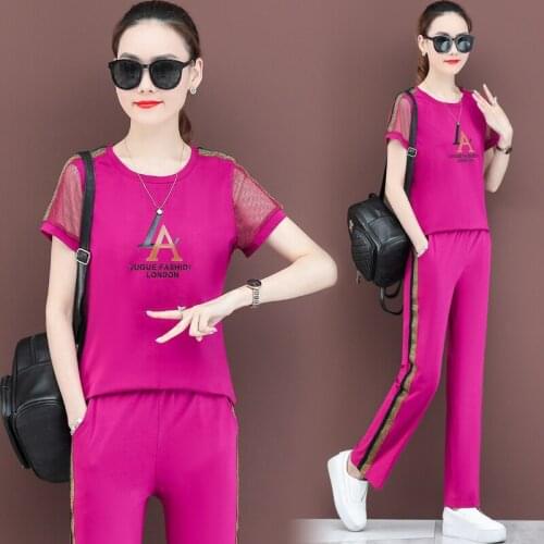 Casual Sports Suit Summer Short Sleeved Wide Leg Pants Two Piece Set Women Offiec Lady Clothes Rose Red White Apricot Green