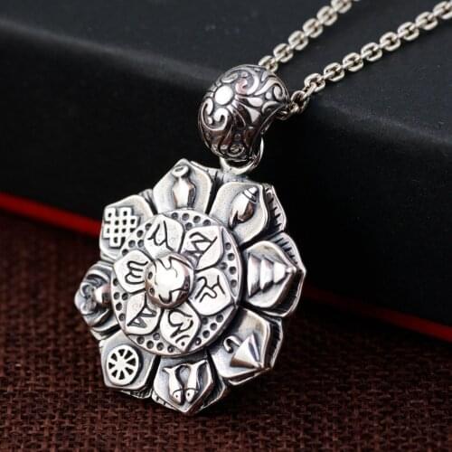 100% 925 Silver Tibetan Lotus Six Words Proverb Pendant Necklace Sterling Buddhist Sacred Symbols Pendant Necklace Lucky Amulet