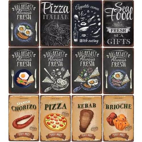 Delicious Breakfast Restaurant Menu Metal Tin Signs Pizza Seafood Vintage Food Poster Kitchen Decor Plaque Wall Decoration