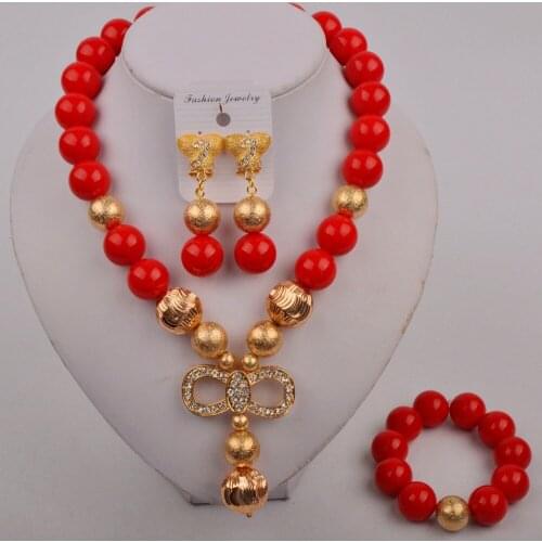 Fashion African Wedding Necklace Red African Necklace Nigerian Beads Jewelry Set Glass Pearl