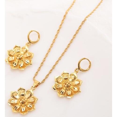 Gold Dubai india Fashion Jewelry Sets Necklace Flower Shape Pendant Earrings Jewelry Bridal Wedding Jewelry Party Gifts