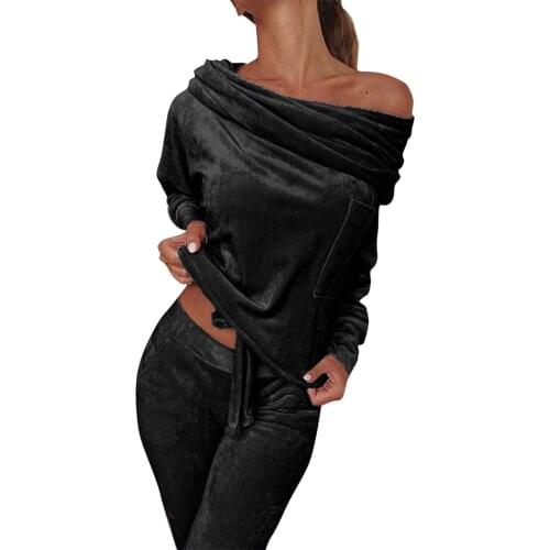 Fashion Women 2 Pieces Set Tracksuits Long Sleeve Solid Color Off Shoulder Pullover Sweatershirt High Waist Long Pant Outfits
