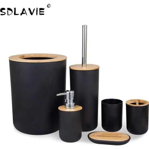Bathroom Accessories Set 6 Pieces Bamboo Room Set Toothbrush Holder Soap Dispenser Toilet Brush Trash Can Bathroom Essential Set