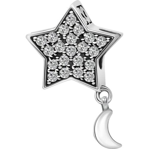 NEW 100% 925 Sterling Silver Vintage Black Cubic Zirconia Stone Star Beads Genuine Antique Hollow Moon Charm 1361-1380