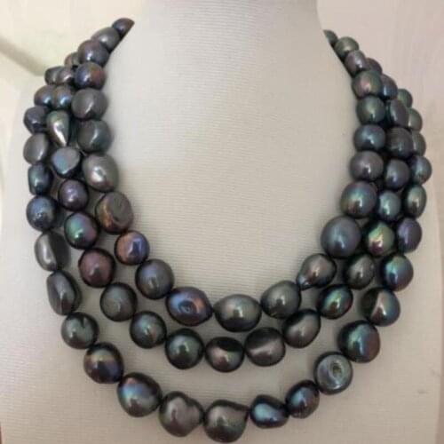 Stunning 12-13mm Tahitian baroque black green pearl necklace 48inch 925 silver