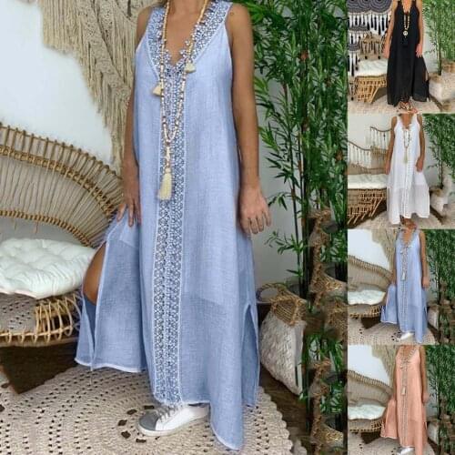 Plus Size Summer Hoe Sale Women Dress Lace V Neck Patchwork Sleeveless Split Dress for Beach Holiday Party Sundress