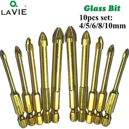 LA VIE 10pcs 1/4" Hex Shank Glass Bits Titanium Coated Glass Drill Set 4 5 6 8 10mm Ceramic Marble Cross Tipped Hole DB02002
