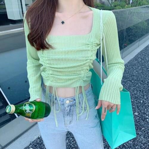 Woman Sweaters Pullover Black Square Collar Clavicle Top Scheming Knitwear Autumn Winter Sexy Slim-Fit Short Femme Chandails