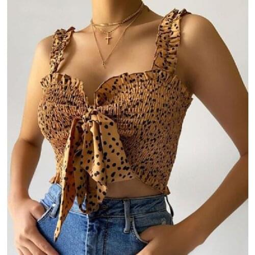 Dot Printed Fashion Wide Strap Camisole Ladies Girls Summer Sexy Ruffled Trim Lace-Up Bandage Exposed Navel Suspender Tops