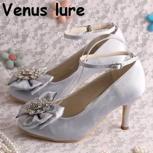 High Heel Silver Heel for Wedding Round Toe Bow Pumps with Ankle Strap