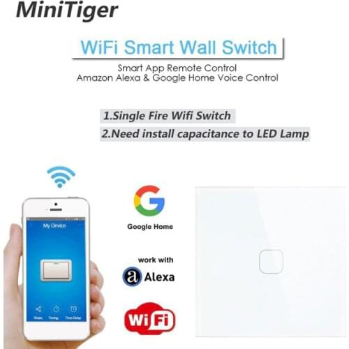 Minitiger EU/UK WIFI Smart Touch Switch APP Wireless Remote Light Wall Switch Crystal Glass Panel Works With Alexa / Google Home