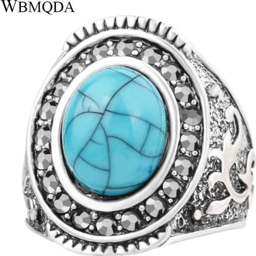 Hot 2018 Vintage Jewelry Ethnic Oval Blue Red Stone Rhinestone Rings For Women Men Big Silver Plated Viking Ring Free Shipping
