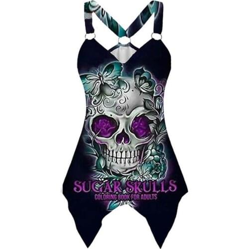 Women Tank Tops Gothic Skull Print Irregular Hem Sleeveless Shirt Summer Plus Size Ladies Casual V Neck Grqaphic Tee Shirts