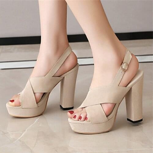 Womens Gladiator Sandals Design Back Straps Open Toe Sandals Platform Party Shoes Woman high heels Flock Black Beige Pumps