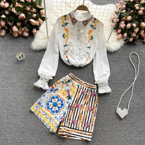 2021 Fashion Two Piece Set Women Suit Vintage Print Long Sleeve Blouses And High Waist Shorts Sets Woman Outfits Womens Clothes