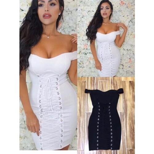 Sexy Lady Rayon Off Shouder Sweetheart Lace Up Good Quality Women Bodycon Bandage Dresses Wholesale