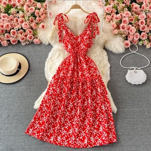 Sexy V-neck Floral Print Sling Dress Bow Tied Spaghetti Strap Sleeveless High Elastic Waist A-line Boho Beach Party Dress Robe