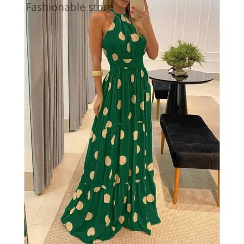 Sleeveless Polka Dot Print Halter Beach Dress Women Casual Backless Ruched Dress