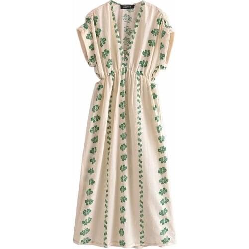 New Dress Women Floral Printed Vintage Dress Short' Sleeves Hollow Waist Casual Chic Lady Boho Maxi dress Women