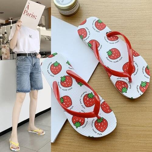 2021 New Women Flip Flops Cartoon Fruit Pattern Outdoor Flat with Non-slip Womans Home Slides Beach Ladies Sandals Summer Shoes