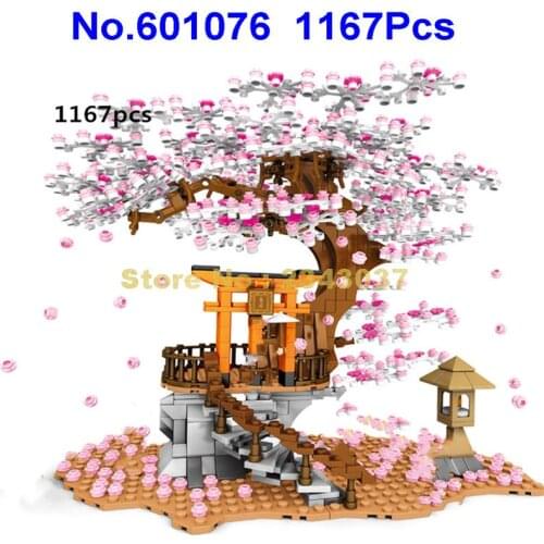 601076 1167pcs Urban Street View Cherry Sakura Blossom Landscape House Tree Led 6 Dolls Building Block Toy
